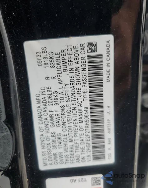 2024 Honda Civic Lx from USA, damaged, VIN 2HGFE2F27RH506449